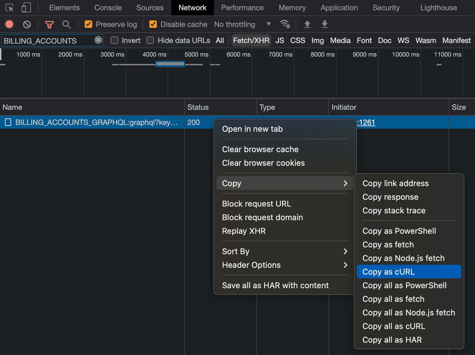 Copy as cURL from Chrome dev tools