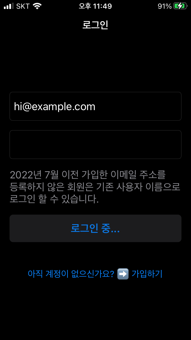 이메일, 비밀번호를 입력하고 로그인 중인 화면