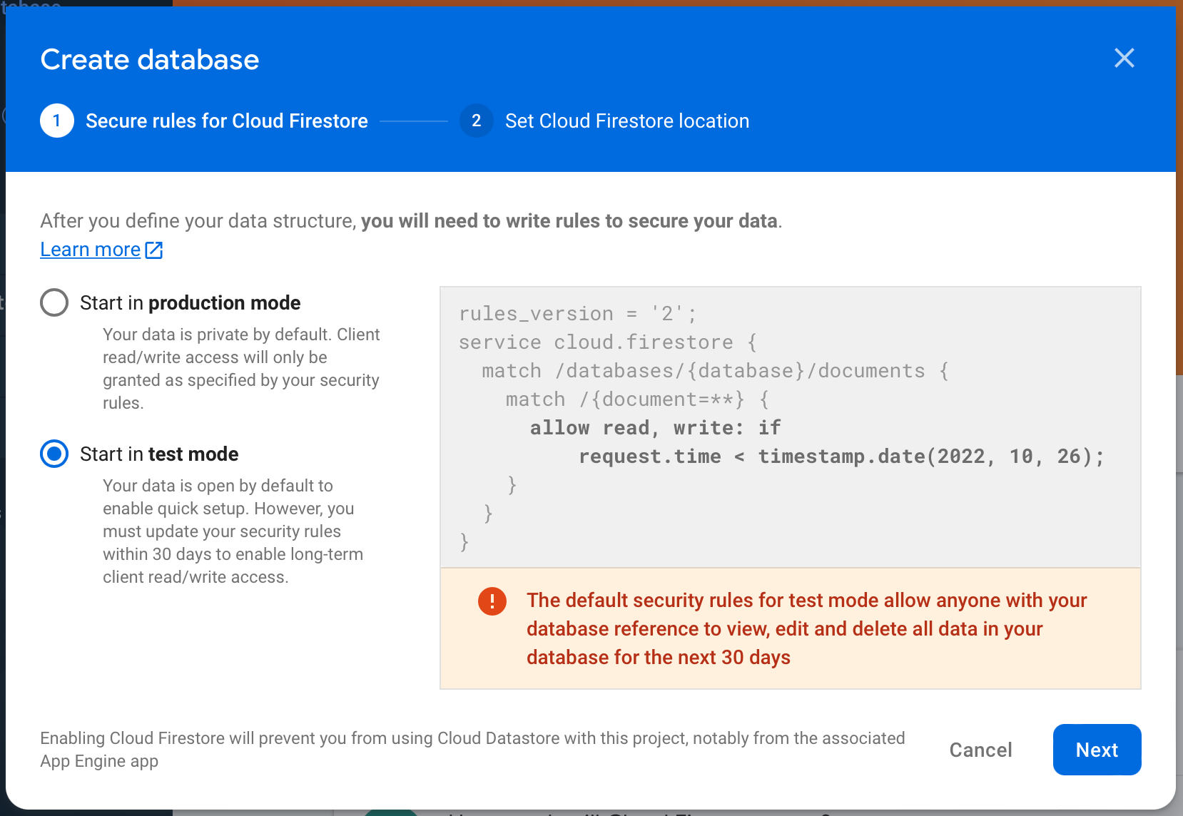 Firebase 콘솔 / Firestore 데이터베이스 생성 / 모드 설정