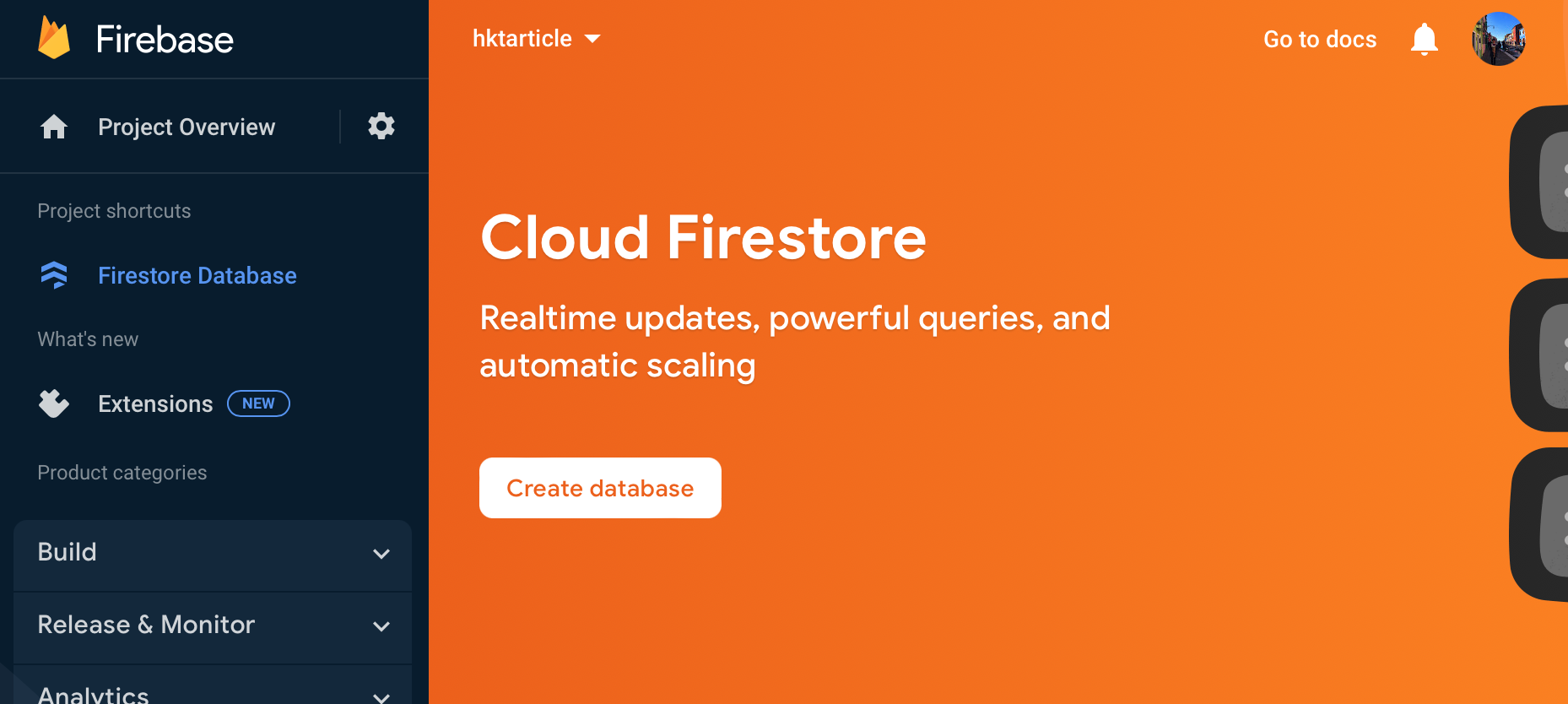 Firebase 콘솔 / Firestore 첫 화면